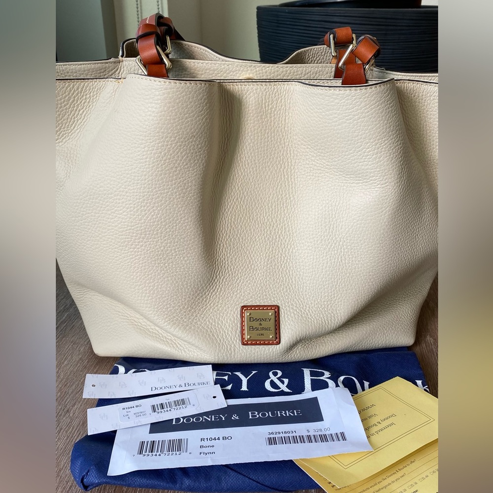 Dooney and Bourke Pebbled Leather Flynn Tote Bag Purse Bone